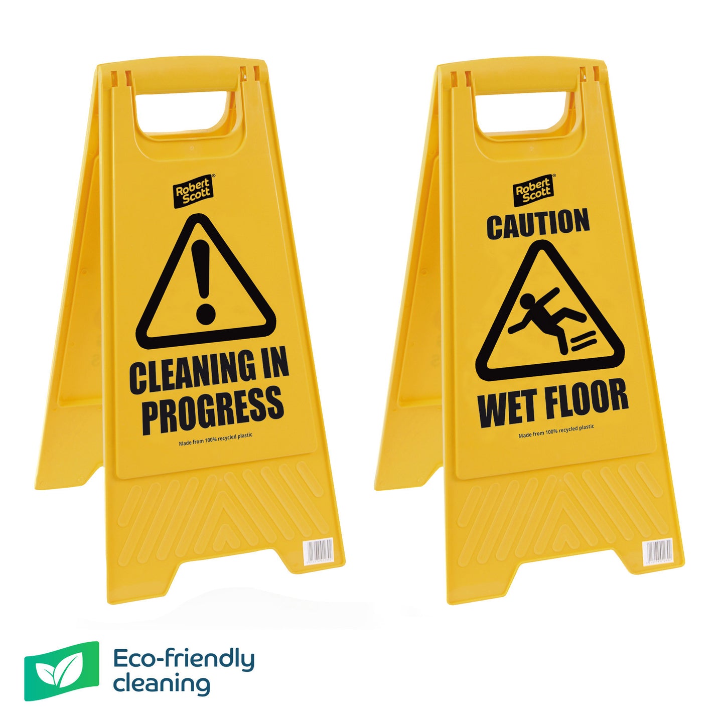 Two yellow plastic A-frame warning signs on a white background. The left sign reads 'CLEANING IN PROGRESS' with a caution icon, and the right sign reads 'WET FLOOR' with a slipping person icon.