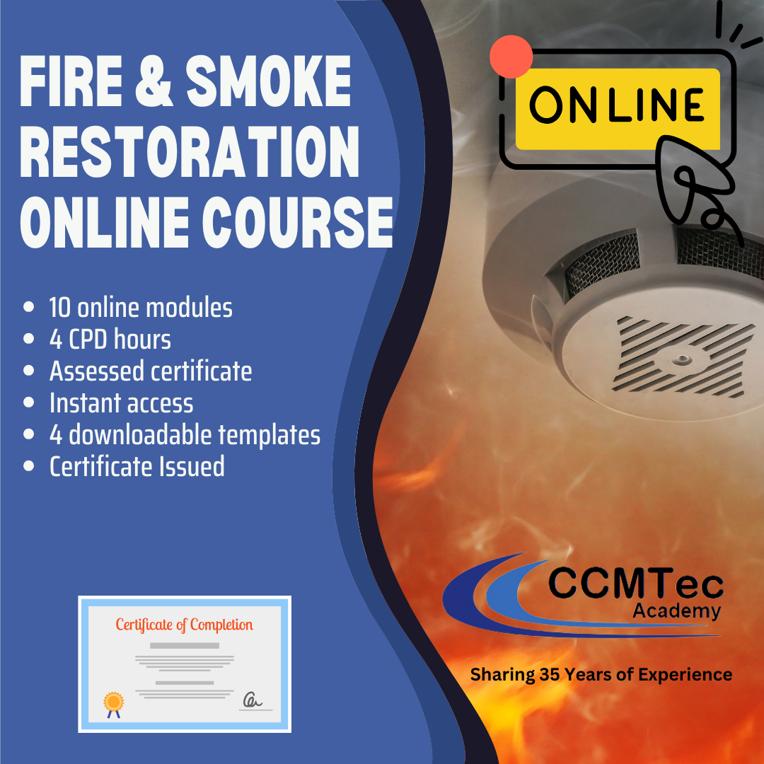 Advertisement for a fire and smoke restoration online course with course details and CCMTec Academy branding.