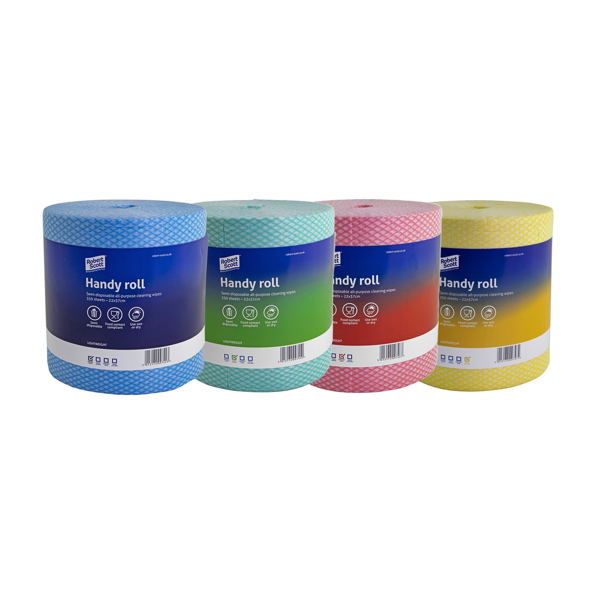 Four rolls of 'Handy roll' paper towels in blue, green, red, and yellow
