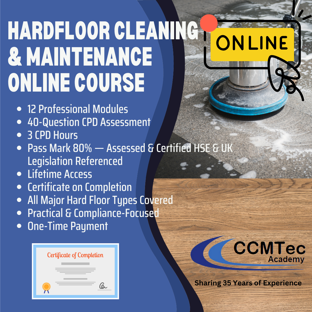 hardfloor cleaning and maintenance online course with CCMTec Academy branding.