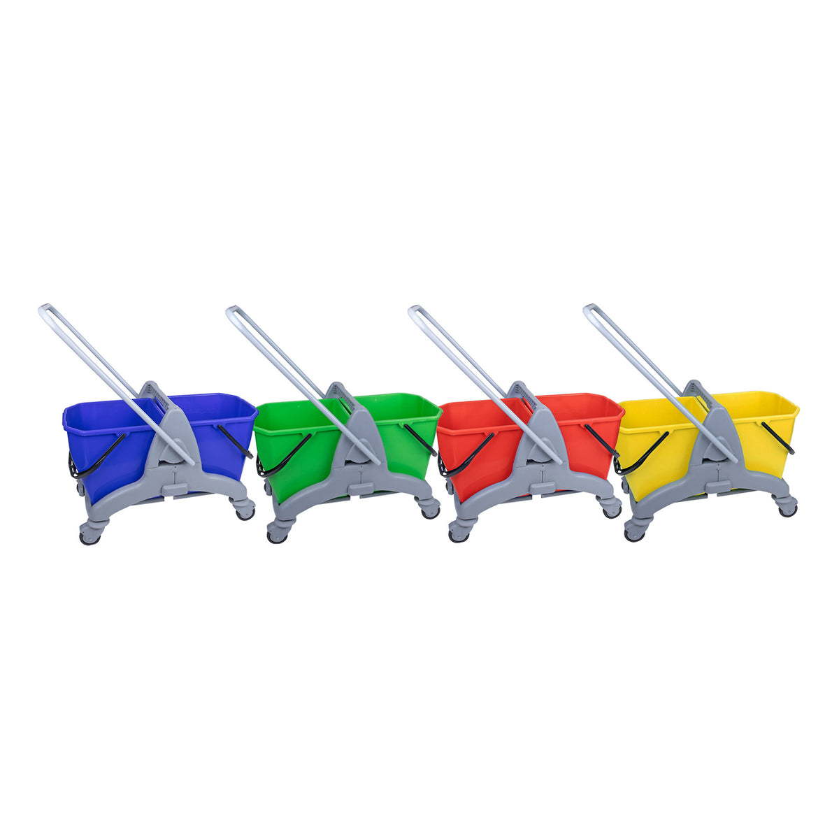 Four colored cleaning mop buckets with wringer