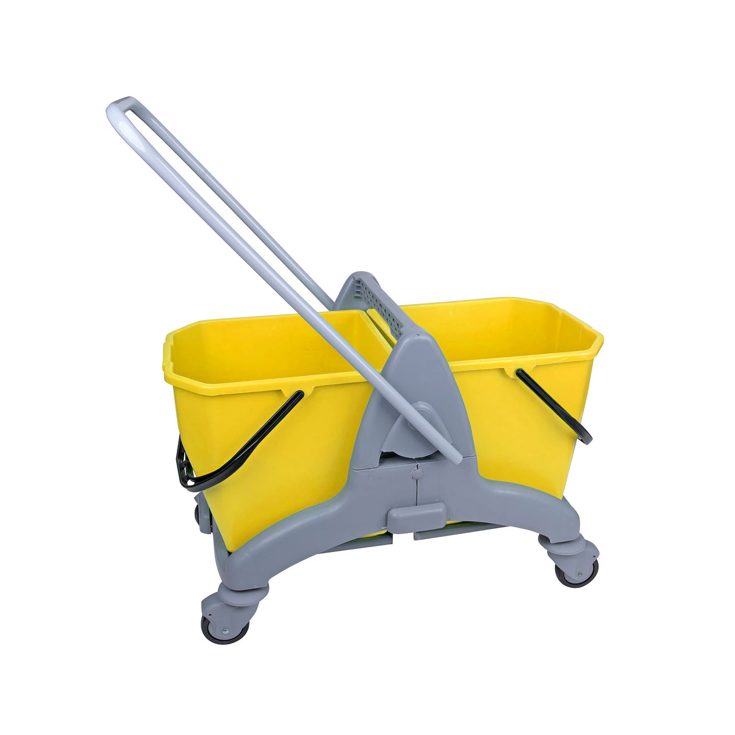 Yellow cleaning mop bucket with grey frame and handle