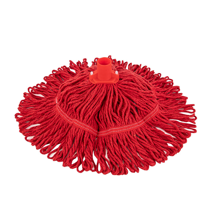 Red mop head with a white background