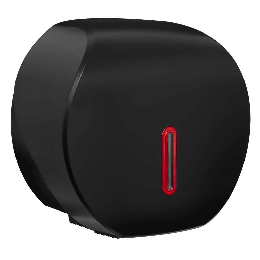 HALO Mini Jumbo Toilet Roll Dispenser – Black with Ruby Ring