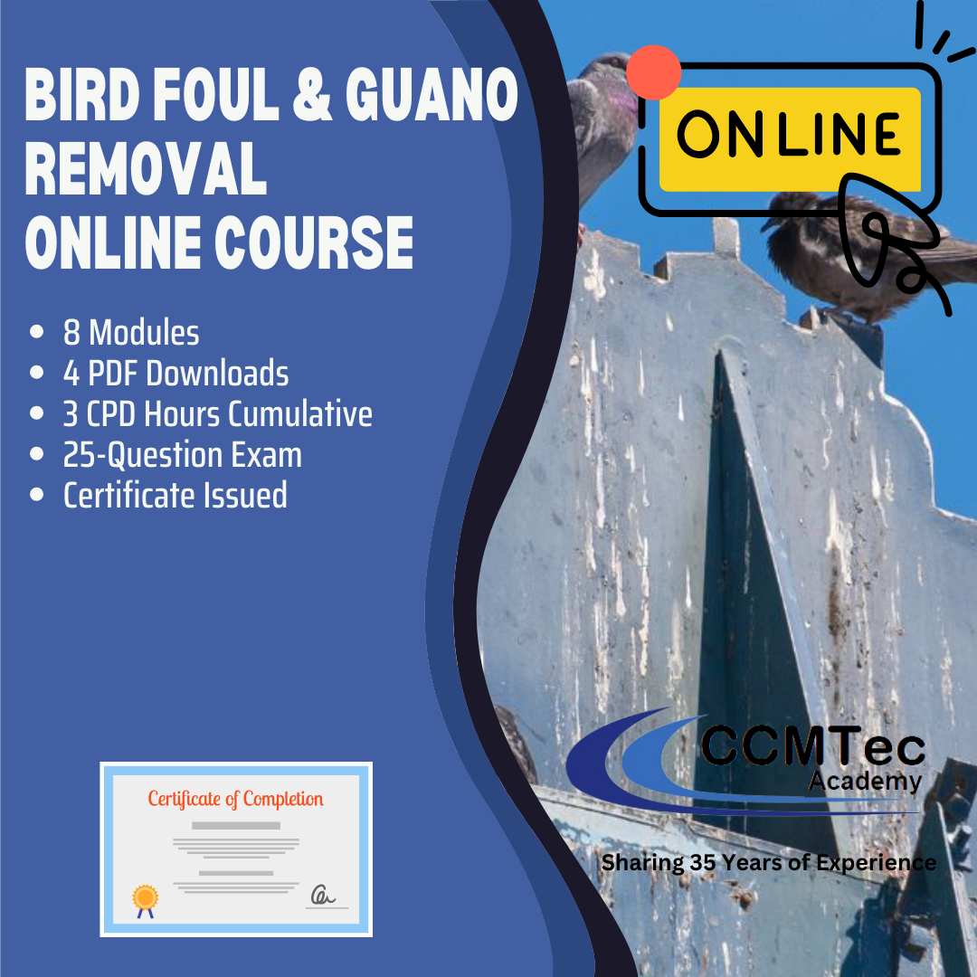 Advertisement for a ccmtec academy bird foul and guano removal online course with a blue background and text.