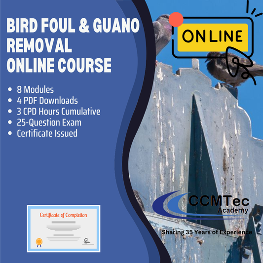 Advertisement for a ccmtec academy bird foul and guano removal online course with a blue background and text.