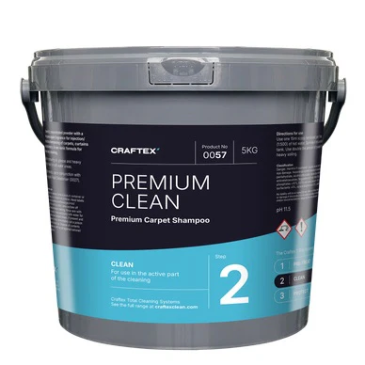 A 5kg grey plastic bucket of CraftTex Premium Clean Step 2 Premium Carpet Shampoo