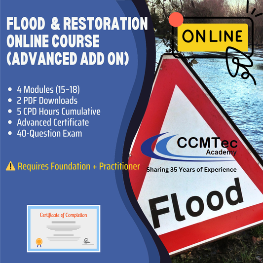flood restoration online course with a 'Flood' sign and CCMTec Academy branding.
