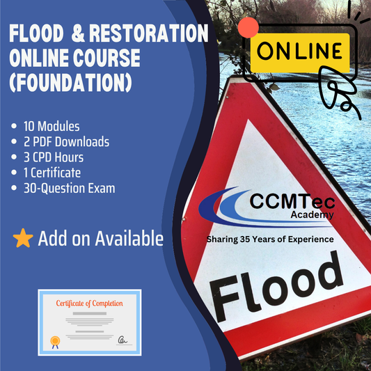 flood restoration online course with a 'Flood' sign and CCMTec Academy branding.
