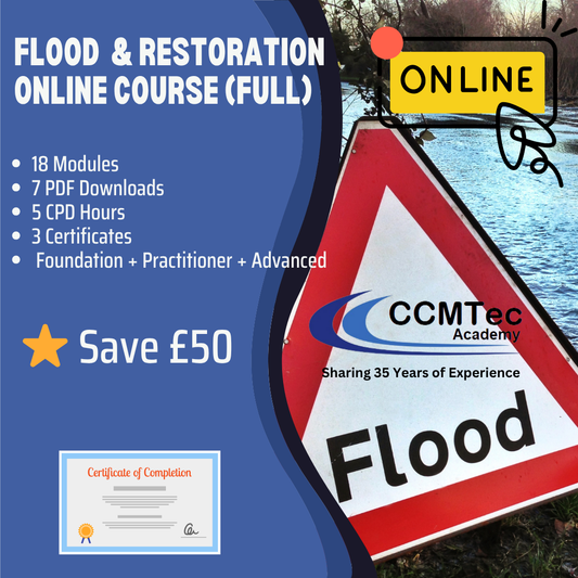 flood restoration online course with a 'Flood' sign and CCMTec Academy branding.
