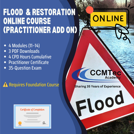 flood restoration online course with a flood warning sign and CCMTec Academy branding.