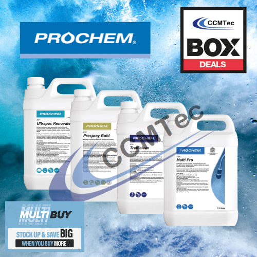 Prochem cleaning products with CCMTec branding on a blue background