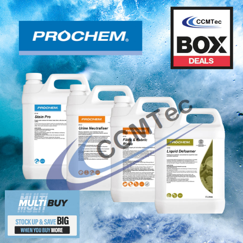 Prochem cleaning products with CCMTec branding on a blue background