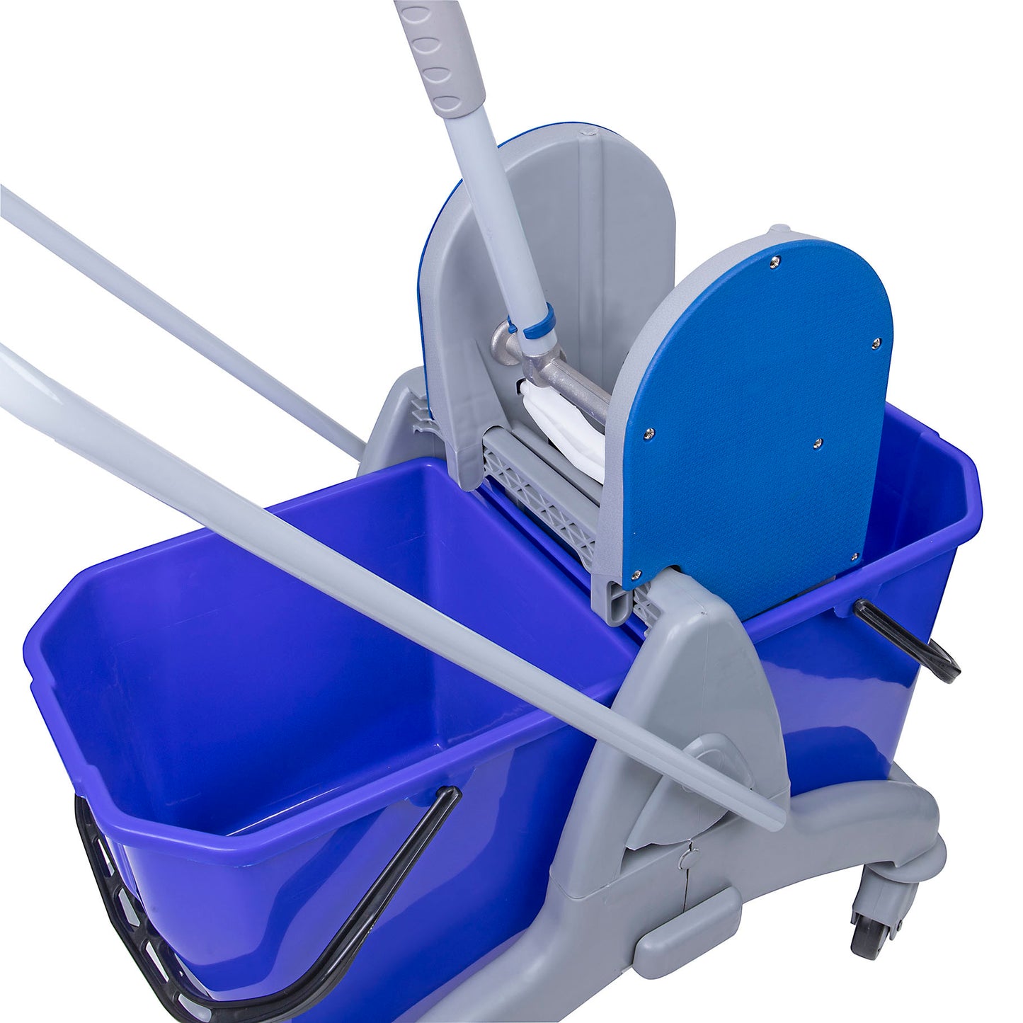 Blue cleaning mop bucket with grey frame and white handle