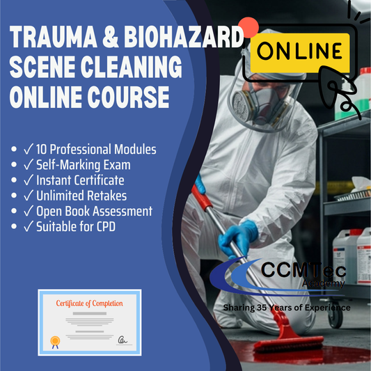 ccmtec academy trauma and biohazard scene cleaning online course with a person in protective gear.