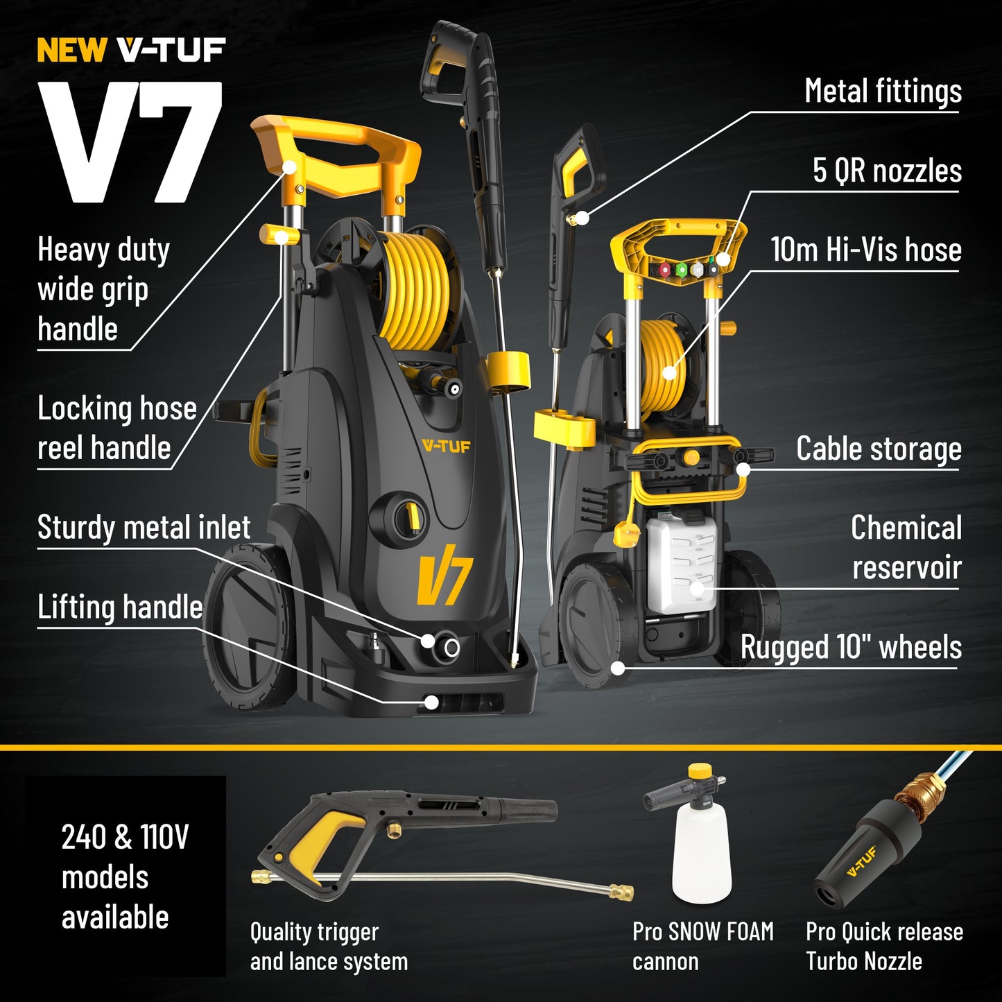 V-TUF V7 110v 150Bar, 6L/min Tough DIY Site Electric Pressure Washer - With Professional Accessories & 10M Hose Reel