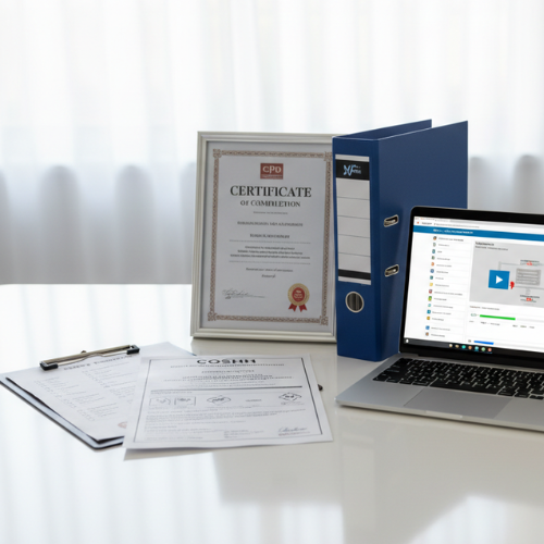 Laptop, certificate, and binders on a white surface for online training course