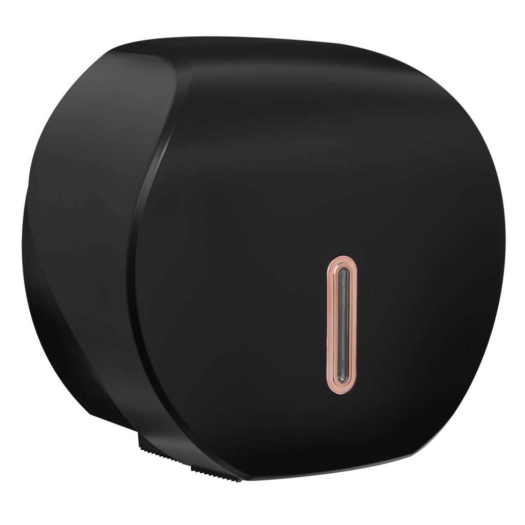 HALO Mini Jumbo Toilet Roll Dispenser – Black with Rose Gold Ring