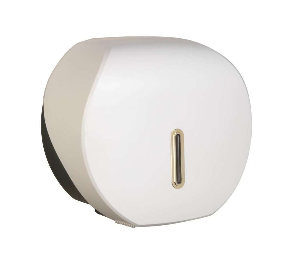 HALO Mini Jumbo Toilet Roll Dispenser – White with Gold Ring