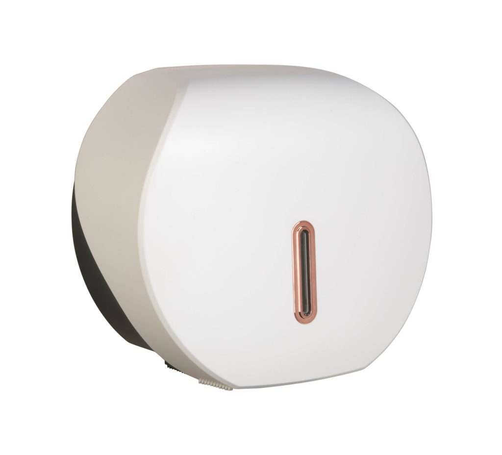 HALO Mini Jumbo Toilet Roll Dispenser – White with Rose Gold Ring