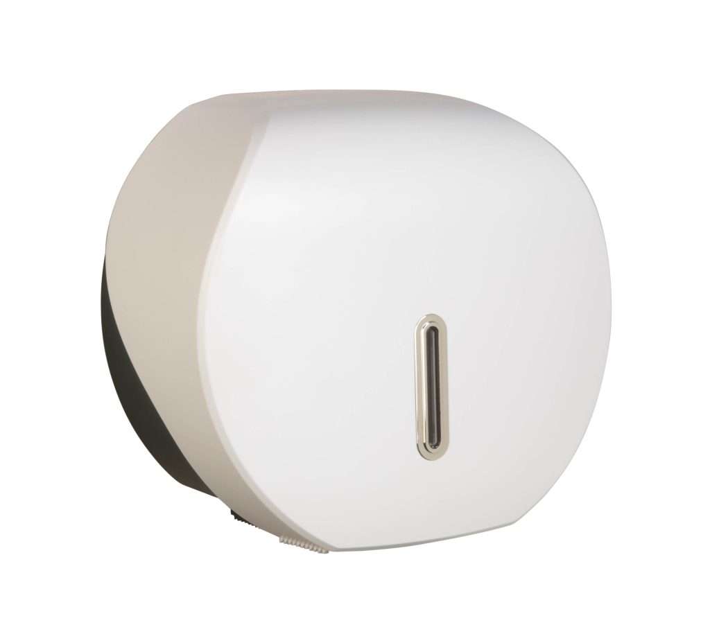 HALO Mini Jumbo Toilet Roll Dispenser – White with Silver Ring