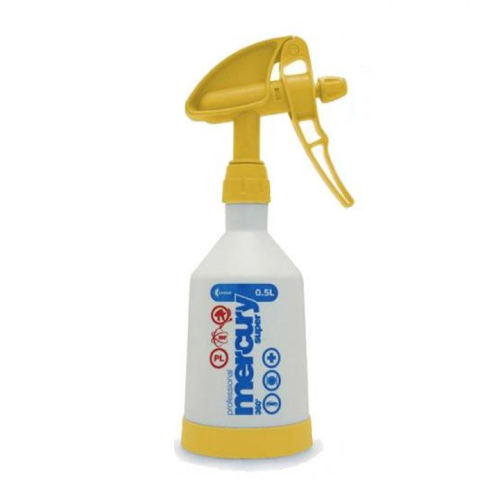 A 0.5L spray bottle of Mercury 30 Professional degreaser, featuring a white plastic body with yellow spray nozzle and base, and blue brand lettering.