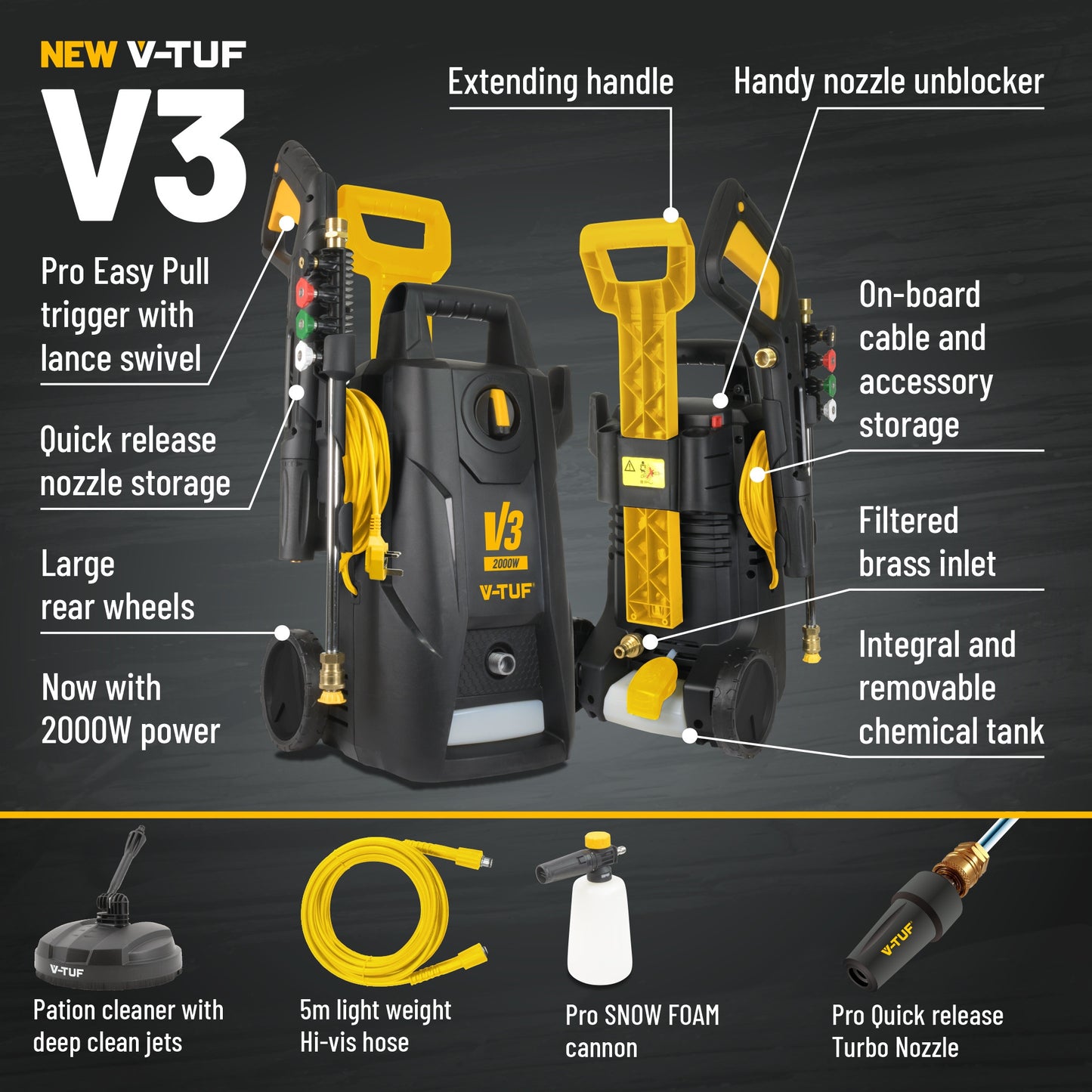 V-TUF V3-240 X2 2175psi 150Bar, 7.5L/min DIY Portable Electric Pressure Washer - HI-VIS HOSE & CABLE